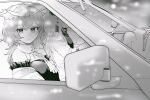  2girls arknights breasts car dress earrings greyscale hair_between_eyes highres jewelry long_hair long_sleeves looking_at_viewer miyachi_(tanya_visha) monochrome motor_vehicle multiple_girls owl_ears saria_(arknights) silence_(arknights) small_breasts 