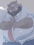  2023 anthro beard belly big_belly bottomwear clothing dain_4201 facial_hair hi_res humanoid_hands kemono male mammal necktie overweight overweight_male pants shirt simple_background solo suid suina sus_(pig) topwear wild_boar 