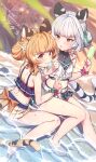  2girls animal_ears bai_(granblue_fantasy) bare_shoulders barefoot bikini bikini_skirt blonde_hair breasts caustics closed_mouth copyright_name day double_bun feet flower food frilled_bikini frills granblue_fantasy hair_bun hair_flower hair_ornament hand_up highres huang_(granblue_fantasy) laolao_(granblue_fantasy) legs looking_at_another looking_at_viewer mouth_hold multiple_girls ocean open_mouth orange_eyes outdoors partially_submerged popsicle sand scrunchie shade short_hair sitting small_breasts smile sparkle sweatdrop swimsuit tail tiger_ears tiger_girl tiger_tail toenails toes twitter_username v wariza water white_hair wrist_scrunchie yellowpaint. 