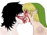  anthro bangs ben_drowned black_hair blonde_hair blood blood_in_mouth blood_on_face bodily_fluids clothing creepypasta dreamscreep duo eyes_closed french_kissing hair hat hat_only headgear headgear_only headwear headwear_only hi_res human humanoid humanoid_pointy_ears hylian jeff_the_killer kissing long_hair long_tongue male male/male mammal mostly_nude nintendo not_furry open_mouth pink_tongue red_tongue saliva saliva_string scar side_view teeth the_legend_of_zelda tongue tongue_out wounded 