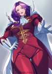  1girl absurdres breasts cape code_geass cornelia_li_britannia dutch_angle gloves hand_on_own_hip highres juliet_sleeves kagematsuri lipstick long_hair long_sleeves looking_at_viewer looking_down makeup parted_lips puffy_sleeves purple_eyes purple_hair purple_lips simple_background solo standing thigh_gap white_cape white_gloves 