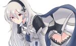  1girl absurdres bent_over black_hairband blue_cape blush cape closed_mouth corrin_(female)_(fire_emblem) corrin_(fire_emblem) fire_emblem fire_emblem_fates grey_hair hair_between_eyes hairband highres latte long_hair looking_at_viewer red_eyes solo white_background 