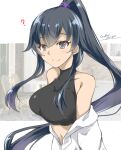  1girl ? black_hair breasts collared_shirt dress_shirt gakky grey_eyes halterneck highres kantai_collection large_breasts long_hair one-hour_drawing_challenge open_clothes open_shirt ponytail rubber_band shirt sidelocks solo turtleneck upper_body white_shirt yahagi_(kancolle) 