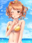  1girl absurdres bare_shoulders bikini blue_sky blush breasts brown_eyes brown_hair cloud collarbone day dot_nose finger_to_mouth flower front-tie_bikini_top front-tie_top hair_flower hair_ornament heart highres hojo_karen idolmaster idolmaster_cinderella_girls idolmaster_cinderella_girls_starlight_stage index_finger_raised jewelry lens_flare long_hair looking_at_viewer medium_breasts midriff naruse_nagi navel necklace ocean one_eye_closed parted_lips sky smile solo sparkle splashing swimsuit yellow_bikini yellow_nails 
