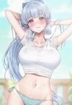  1girl alternate_breast_size alternate_costume amyu_(amm_asl_pa) arms_behind_head arms_up bikini bikini_under_clothes blue_eyes blue_hair blunt_bangs blunt_tresses blurry blush bow breasts closed_mouth come_hither commentary_request contrapposto cowboy_shot crop_top depth_of_field flower_knot genshin_impact groin hair_bow hair_flowing_over hair_intakes hair_ribbon half-closed_eyes halterneck head_tilt high_ponytail highres kamisato_ayaka large_breasts light_blue_hair long_hair looking_at_viewer mole mole_under_eye navel no_pants ribbon shirt side-tie_bikini_bottom sidelocks solo standing stomach string_bikini sweat swimsuit t-shirt tress_ribbon very_long_hair wet white_shirt 