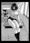  1girl arm_support bandaid bandaid_on_leg breasts commentary_request desk feet_out_of_frame glasses greyscale hachinuki_tetsuyo highres indoors kneehighs large_breasts looking_at_viewer medium_hair monochrome on_desk original school_desk short_sleeves shorts sitting sitting_on_desk socks solo tongue tongue_out window 