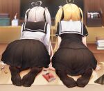  2girls absurdres ahoge all_fours artist_request ass black_ribbon black_shirt black_skirt blonde_hair blurry blurry_background candy candy_wrapper cellphone commentary_request feet food from_behind hair_ribbon heart heart_ahoge highres indoors long_hair long_sleeves multiple_girls niliu_chahui no_shoes original phone pleated_skirt pocky revision ribbon school_uniform serafuku shirt short_sleeves siblings sisters skirt smartphone soles toes tokisaki_asaba tokisaki_mio white_hair white_shirt 