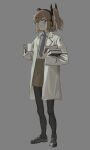  1girl a.i._voice adachi_rei alternate_costume black_footwear black_pantyhose book book_stack brown_skirt chestnut_mouth coke-bottle_glasses collared_shirt commentary cup dress_shirt full_body glasses hair_ribbon headlamp headphones highres holding holding_book holding_cup lab_coat loafers long_sleeves looking_at_viewer looking_over_eyewear mug one_side_up open_mouth orange_eyes orange_hair pantyhose pencil_skirt radio_antenna raised_eyebrows ribbon shirt shirt_tucked_in shoes sideways_glance skirt solo sqq standing utau white_ribbon white_shirt 