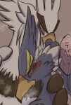  anthro avian beak blue_body blue_feathers blush breath breath_of_the_wild duo embrace eyebrows feathers hug japanese_text male male/male nintendo okayu_kingdom panting revali rito teba_(tloz) text the_legend_of_zelda thick_eyebrows white_body white_feathers 