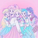  5girls aino_minako bishoujo_senshi_sailor_moon blonde_hair blue_eyes blue_hair blue_skirt bow brown_hair happy highres hino_rei kino_makoto kino_makoto&#039;s_school_uniform mizuno_ami multiple_girls one_eye_closed open_mouth rabi2651 red_bow school_uniform short_hair simple_background skirt smile tsukino_usagi 