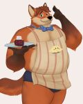  2023 absurd_res anthro apron belly black_nose bow_tie canid canine clothing dessert disney food fox gideon_grey hi_res humanoid_hands male mammal moobs mosin nipples overweight overweight_male pie simple_background solo underwear zootopia 