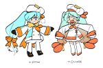  1girl :d aqua_eyes aqua_hair black_footwear bow english_commentary full_body fur_trim gradient_hair hair_between_eyes hair_bow hat hatsune_miku long_hair long_sleeves looking_at_viewer multicolored_hair multiple_views open_mouth orange_bow orange_footwear outstretched_arms rice_deity scarf sharp_teeth simple_background sleeves_past_fingers sleeves_past_wrists smile spread_arms standing teeth thighhighs twintails variations vocaloid white_background white_headwear white_thighhighs yellow_scarf yuki_miku 