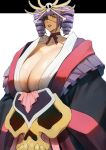  1girl black_background bleach bleach:_zanpakutou_ibun_hen blue_eyes breasts cleavage collarbone curvy drill_hair eyepatch ghostdoctor gigantic_breasts hair_ornament highres huge_breasts japanese_clothes katen_kyoukotsu large_breasts lipstick looking_at_viewer makeup mature_female neck_ribbon nipples personification purple_hair purple_lips ribbon skull skull_hair_ornament smile solo two-tone_background white_background 