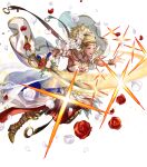  1girl blonde_hair breasts dark-skinned_female dark_skin dress feather_trim fire_emblem fire_emblem_awakening fire_emblem_heroes flavia_(fire_emblem) flower full_body gold_trim hair_ornament high_heels highres holding holding_weapon jewelry long_dress long_hair medium_breasts non-web_source official_art rose suzuki_rika sword tiara transparent_background weapon wedding_dress white_dress 