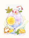  blush blush_stickers brown_eyes bubble closed_eyes closed_mouth commentary_request cup drink drinking_glass food fruit grey_background guarani_(muku_6930) highres ice ice_cube innertube kirby kirby_(series) leaf lemon lemon_slice mint no_humans simple_background star_(symbol) umbrella waddle_dee white_background yellow_innertube 