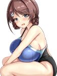  1girl arm_between_legs bare_legs bare_shoulders blush braid braided_bun breast_rest breasts brown_hair chougei_(kancolle) competition_swimsuit double_bun from_side grey_eyes hair_bun hair_ornament hairclip highleg highleg_swimsuit highres kantai_collection large_breasts looking_at_viewer medium_hair montemasa one-piece_swimsuit open_mouth sideboob simple_background sitting smile solo swimsuit wet white_background 