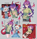  2girls blue_dress blue_ribbon closed_mouth curled_horns dress fingernails green_shirt green_shorts grey_hair grin highres horn_ornament horn_ribbon horns long_fingernails long_hair multiple_girls oito_(bowstringsmall) open_mouth oversized_object pointy_ears purple_hair red_eyes red_horns red_sleeves ribbon sharp_fingernails sharp_teeth shirt short_hair short_sleeves shorts single_horn smile spork syringe tail teeth tenkajin_chiyari touhou toutetsu_yuuma translation_request 