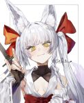  1girl animal_ear_fluff animal_ears asanagi_(azur_lane) azur_lane bare_shoulders black_gloves blunt_bangs braid breasts closed_mouth detached_sleeves fingerless_gloves fox_ears fox_girl fox_shadow_puppet fox_tail gloves hair_ribbon hand_up highres japanese_clothes long_hair looking_at_viewer red_ribbon ribbon small_breasts smile solo tail tsukikaze_aki twintails twitter_username upper_body white_hair wide_sleeves yellow_eyes 