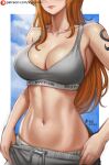  1girl artist_name breasts closed_mouth clothes_pull collarbone grey_pants grey_sports_bra head_out_of_frame kyopink large_breasts lips long_hair midriff nami_(one_piece) navel one_piece orange_hair pants pants_pull patreon_logo shoulder_tattoo solo sports_bra stomach sweat tattoo very_long_hair 