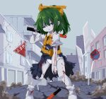  1girl ascot blood blood_on_arm blood_on_face blood_on_leg blue_eyes boots bow building colored_skin cookie_(touhou) daiyousei diyusi_(cookie) full_body green_hair hair_bow high-visibility_vest holding looking_at_viewer medium_hair no_entry_sign one_eye_closed panties parted_lips pixel_art ponytail redrawn road_sign ruins shirt short_sleeves sign skirt solo sparseseethe stop_sign torn_clothes torn_shirt torn_skirt torn_vest touhou traffic_baton underwear unusually_open_eyes white_footwear white_panties white_shirt white_skin yellow_ascot yellow_bow 