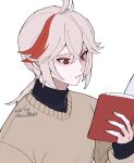  1boy ahoge alternate_costume black_shirt book brown_sweater facing_to_the_side genshin_impact grey_background grey_hair kaedehara_kazuha long_sleeves looking_at_object low_ponytail male_focus multicolored_hair nana_illust open_book parted_lips red_eyes red_hair shirt solo sweater teeth turtleneck twitter_username 