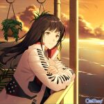  1girl black_nails brown_eyes brown_hair chain_paradox cloud commission copyright_name hatorihatelier jacket leaning_on_rail long_hair outdoors plant potted_plant sunset upper_body water white_jacket yellow_sky 