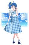  1girl ahoge ankle_socks blue_bow blue_bowtie blue_eyes blue_footwear blue_hair blunt_bangs bow bowtie crossed_legs full_body hair_bow hand_up highres hirogaru_sky!_precure kousuke0912 mary_janes medium_hair plaid plaid_bow plaid_bowtie plaid_skirt precure shoes short_sleeves side_ponytail single_sidelock skirt skirt_hold sky socks solo sora_harewataru standing suspender_skirt suspenders white_socks yellow_bow 