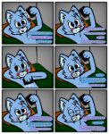  2023 anthro bed blush chest_(disambiguation) chest_tuft colored comic digital_drawing_(artwork) digital_media_(artwork) domestic_cat eggnaug english_text felid feline felis fur furniture giggle giggling hair happy hi_res implied_nudity laugh lying lying_on_bed male mammal marshall_(eggnaug) on_back on_bed phone_sex shirtless shirtless_male shy smile solo taking_picture taking_selfie talking_to_another talking_to_partner text texting texting_ui tuft url whiskers wholesome 