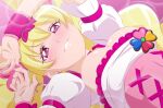  1girl blonde_hair choker cure_peach fresh_precure! fuchi_(nightmare) hair_ornament heart heart_hair_ornament long_hair looking_at_viewer lying magical_girl momozono_love on_back pink_choker pink_eyes precure puffy_short_sleeves puffy_sleeves short_sleeves smile solo twintails wrist_cuffs 