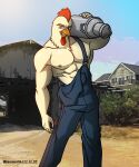  abs absurd_res alkan anthro avian bird bottomwear brown_eyes chicken clothed clothing farmer galliform gallus_(genus) hair henry(character) hi_res male muscular muscular_anthro muscular_male nipples open_nipple_clothing pants pants_only phasianid red_hair solo suspender_pant suspenders topless topless_anthro topless_male yellow_eyes 