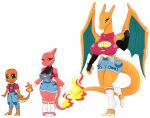  anthro big_breasts blue_eyes bottomwear breasts charizard charmander charmeleon clothing female fire generation_1_pokemon group hi_res huge_breasts nintendo orange_body overalls pokemon pokemon_(species) red_body shorts simple_background tail trio urusee584 white_background wings 