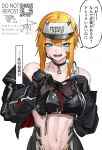  1girl :d armored_boots bandaid bandaid_on_cheek bandaid_on_face bandeau bare_shoulders black_bandeau black_choker black_gloves black_jacket blonde_hair blush boots breasts choker clothes_writing collarbone commentary_request cosplay cowboy_shot drake_(nikke) drake_(nikke)_(cosplay) drake_(villain_racer)_(nikke) ear_piercing earpiece fangs gloves goddess_of_victory:_nikke green_eyes hair_between_eyes highres holding holding_clothes jacket kanjou_jouki looking_at_viewer maxwell_(nikke) medium_breasts multiple_piercings navel off_shoulder open_mouth piercing qr_code short_hair short_hair_with_long_locks sidelocks signature simple_background smile solo speech_bubble sports_bra standing stomach teeth toned translation_request twitter_username visor_cap watermark white_background white_headwear white_sports_bra 
