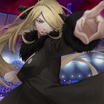  1girl absurdres arm_up black_coat blonde_hair blurry blurry_foreground breasts chiyu_jintian_lai_wen_wen_you_fan_ma chromatic_aberration coat cynthia_(pokemon) depth_of_field fur-trimmed_coat fur-trimmed_sleeves fur_collar fur_trim grey_eyes hair_ornament hair_over_one_eye highres long_hair long_sleeves looking_at_viewer medium_breasts one_eye_covered outstretched_arm parted_lips pointing pokemon pokemon_(game) pokemon_dppt sidelocks solo stadium standing teeth upper_body v-shaped_eyebrows 