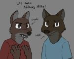  anthro brown_body brown_fur canid canine canis coyote dialogue duo fur hand_on_chest humor looking_at_viewer male mammal open_mouth simple_background tggeko wolf 