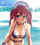  1girl bikini bow breasts cave_(neptune_series) earrings expressionless hair_ornament highres jewelry kurozero looking_at_viewer medium_breasts navel neptune_(series) ocean outdoors short_hair swimsuit twintails wet 