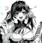  1girl bell commentary english_commentary greyscale hair_bell hair_ornament highres holding_calligraphy_brush honkai:_star_rail honkai_(series) leaf long_hair looking_at_viewer monochrome open_mouth seha solo sushang_(honkai:_star_rail) twintails twitter_username upper_body wood 