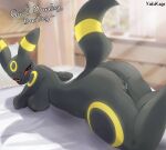  anthro bed breasts butt detailed_background dialogue eeveelution female fur furniture generation_2_pokemon grey_body grey_fur grey_tail hi_res looking_at_viewer morning nintendo nipples nude pokemon pokemon_(species) pose red_eyes solo tail text umbreon vaginal yakukage yellow_body yellow_fur 