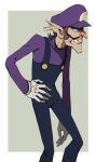  ._. 1boy big_nose brown_hair chin clenched_teeth commentary_request facial_hair gloves hand_on_own_hip hat highres long_sleeves male_focus mario_(series) mustache overalls pointy_ears shigeshiro_hideto simple_background slouching solo teeth waluigi white_gloves 