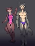  abs anthro barefoot beastars brown_body brown_fur bulge canid canine canis clothed clothing digital_media_(artwork) duo feet female fur gesture grey_body grey_fur hi_res ivangogh juno_(beastars) legoshi_(beastars) male male/female mammal muscular muscular_anthro muscular_male neutral_expression one-piece_swimsuit pecs simple_background smile speedo swimwear tail topless topless_male wave waving wolf 