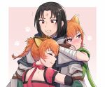  1boy 2girls animal_ears arm_wrap blush cat_ears cat_girl cat_tail closed_eyes closed_mouth coat collar english_commentary facial_mark fire_emblem fire_emblem:_path_of_radiance fire_emblem:_radiant_dawn forehead_mark green_shirt highres holding hug lethe_(fire_emblem) lyre_(fire_emblem) multiple_girls neck_ribbon orange_hair pink_shirt purple_eyes red_eyes ribbon shirt siblings sisters smile soren_(fire_emblem) sweatdrop tail twins witchi 