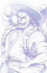  1boy commentary_request facial_hair highres japanese_clothes kibun_0911 kouzuki_oden long_hair looking_at_viewer male_focus monochrome one_piece open_mouth rope shimenawa sideburns smile solo teeth v-shaped_eyebrows 