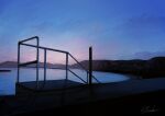  alu.m_(alpcmas) bird blue_sky building city evening no_humans ocean original outdoors railing scenery signature sky stairs water 