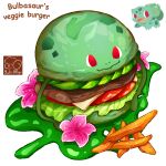  artist_logo bulbasaur burger claws english_commentary english_text fangs flower food food_focus foodification french_fries hibiscus highres leaf lettuce no_humans open_mouth pokemon pokemon_(creature) red_eyes simple_background white_background yuki00yo 