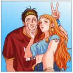  1boy 1girl alternate_costume arm_tattoo black_hair blue_background blue_nails bracelet denim earrings fingers_on_another&#039;s_face headband jeans jewelry long_hair looking_at_viewer monkey_d._luffy mush820823 nail_polish nami_(one_piece) navel one_piece orange_hair pants scar scar_on_cheek scar_on_face short_hair short_sleeves tattoo v 