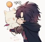  1boy armor black_cape black_hair cape chibi clive_rosfield closed_eyes closed_mouth facial_hair final_fantasy final_fantasy_xvi highres hug male_focus pauldrons scar scar_on_cheek scar_on_face short_hair shoulder_armor simple_background white_background yuma_(zero) 