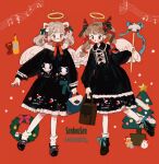  2girls :o ahoge angel animal_ears animal_print ankle_socks antlers bag bird black_bow black_coat black_dress black_footwear blonde_hair blue_bag blue_bow blue_ribbon blush_stickers boots bow bow_button bowtie brown_bag brown_eyes brown_hair cat_ears cat_print center_frills christmas christmas_tree christmas_wreath closed_mouth coat collar collared_dress commentary commission crescent cross-laced_footwear dress english_commentary english_text eyelashes eyeshadow fashion footwear_bow frilled_collar frilled_dress frills full_body fur-trimmed_headwear fur_trim gingerbread_man green_bow hair_bow hair_ribbon halo handbag hat heart heart_print holding holding_bag holding_wand lace-trimmed_dress lace_trim long_hair long_sleeves looking_at_viewer makeup mary_janes medium_dress mistletoe multiple_girls multiple_hair_bows musical_note open_mouth orange_background original pocket pom_pom_(clothes) puffy_long_sleeves puffy_sleeves putong_xiao_gou red_bow red_bowtie red_headwear red_lips red_nose red_ribbon reindeer_antlers ribbon ribbon-trimmed_sleeves ribbon_trim rudolph_the_red_nosed_reindeer santa_hat shoes single_strap smile snowflake_print snowing snowman socks star_(sky) striped striped_bow striped_ribbon twintails waist_bow wand wavy_hair white_bow white_socks wreath yellow_halo 