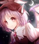  1girl absurdres animal_ears bird_ears bird_girl brown_headwear closed_mouth commentary_request crescent_moon highres kinese_(katasutorohu) looking_at_viewer moon mystia_lorelei night night_sky pink_eyes pink_hair short_hair sky smile solo touhou upper_body winged_hat 