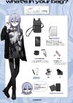  1girl backpack bad_id bad_nicoseiga_id bag black_footwear black_jacket black_pants blue_eyes blue_hair boots cellphone chibi chibi_inset chihuri closed_mouth collared_shirt commentary dress_shirt earbuds earphones earrings ende_(chihuri) english_text equipment_layout full_body hair_between_eyes hand_mirror hand_up highres jacket jewelry long_hair looking_at_viewer mirror multiple_views off_shoulder open_clothes open_jacket original pants phone print_shirt ring shirt smile speech_bubble standing stud_earrings translation_request white_shirt 