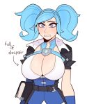  1girl alternate_breast_size arrow_(symbol) asymmetrical_gloves blue_eyes blue_hair book breasts cleavage cleavage_cutout clenched_teeth clothing_cutout elbow_gloves english_text evie_(paladins) gloves highres huge_breasts paladins single_elbow_glove solo splashbrush teeth upper_body 