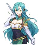  1girl aqua_hair armor breastplate breasts chloe_(fire_emblem) cleavage commentary covered_navel elbow_gloves fire_emblem fire_emblem_engage gloves green_eyes hair_between_eyes hand_up holding holding_weapon large_breasts long_hair looking_at_viewer shoulder_armor silvercandy_gum simple_background solo very_long_hair weapon white_background white_gloves 